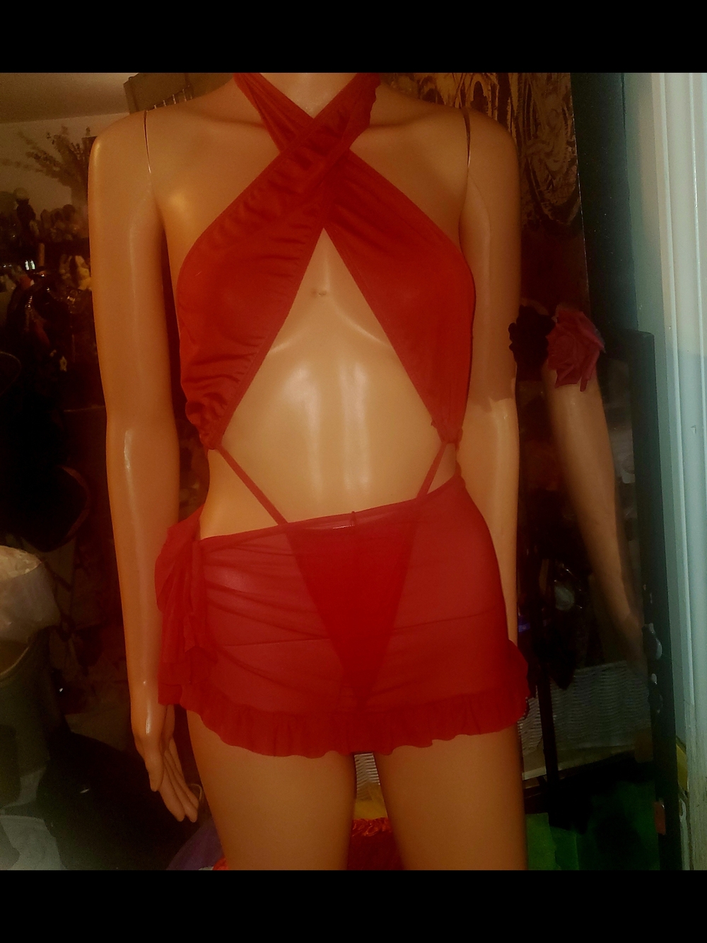 Red Criss-Cross Halter Neck Thong Bodysuit & Sheer Mesh Tie Sarong Skirt Set